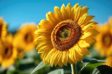 Fototapeta premium Here's a caption for your sunflower photo: Close-up of a vibrant sunflower, petals shining bright yellow against a clear blue sky. Perfect for summer, nature, or happiness themed projects.
