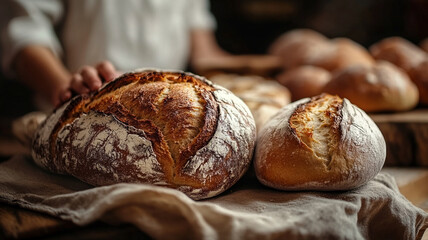 Freshly baked bread loaves on wooden table, rustic bakery scene. warm colors and textures evoke sense of comfort and satisfaction