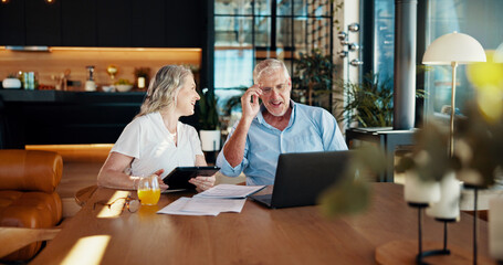 Tablet, planning and laptop with old couple at home for social security benefits, annuity growth...