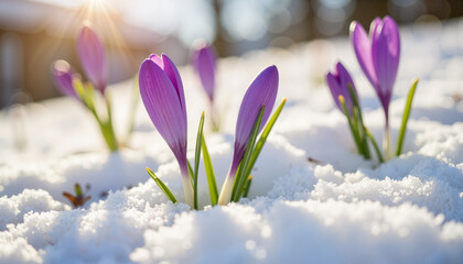 Crocus buds emerging through snow in winter light, spring awakening