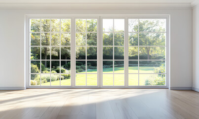 Obraz premium Empty modern living room interior with a white wall and wooden floor, a large window with a glass door overlooking a garden landscape