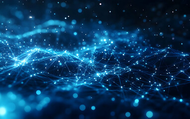 Digital Science Universe: A glowing blue cyber landscape of interconnected particles and lines, evoking sci-fi and technological innovation