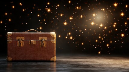 A well-loved suitcase is set against a dark backdrop, radiating golden sparkles and bright stars, symbolizing the mystery and stories that await from past travels.