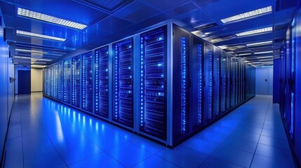 Modern Data Center with Blue Lighting and Rows of Servers