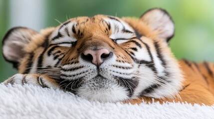 Fototapeta premium Sleepy tiger resting on a soft surface, soft focus background