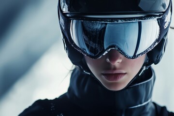 A sport skier stands focused on the track, wearing a helmet and goggles, ready to race. Snow covers the surroundings as anticipation builds for the winter event.