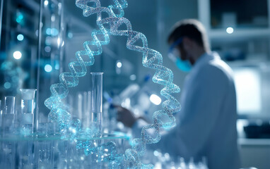 DNA and Medical Breakthroughs: A double-helix structure in the foreground with a scientist analyzing research data in a modern lab
