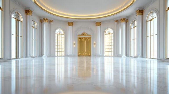 A luxurious hall featuring grand windows, elegant architecture, and refined decor, creating an inviting and majestic atmosphere for various events and functions.