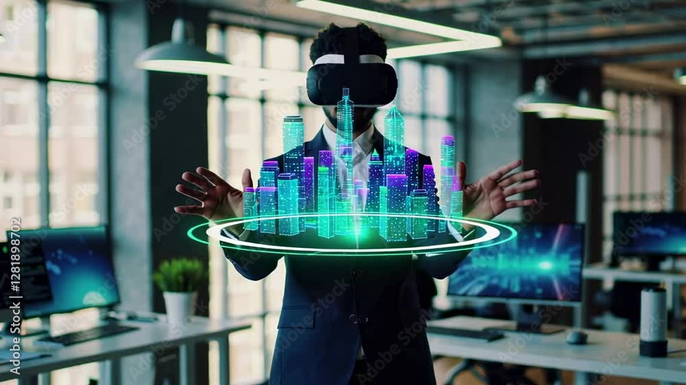 Poster Slow motion sequence of an architect wearing a vr headset, interacting with a holographic projection of a futuristic city inside a modern office