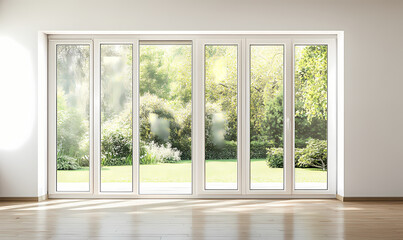 Fototapeta premium Empty modern living room interior with a white wall and wooden floor, a large window with a glass door overlooking a garden landscape