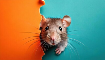 Curious rat peeks through torn paper in a colorful background