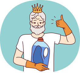 Older man holds bottle of detergent and gives thumbs up, recommending quality liquid fabric softener. Bearded pensioner with golden crown on head advertises new brand of detergent.