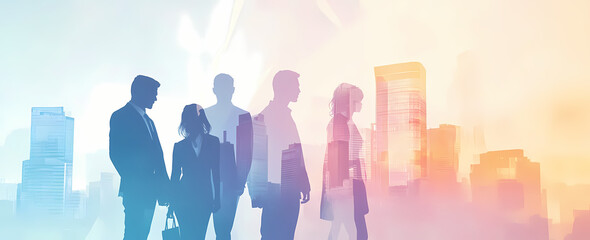Silhouettes of business people standing in front of a cityscape with a double exposure effect.