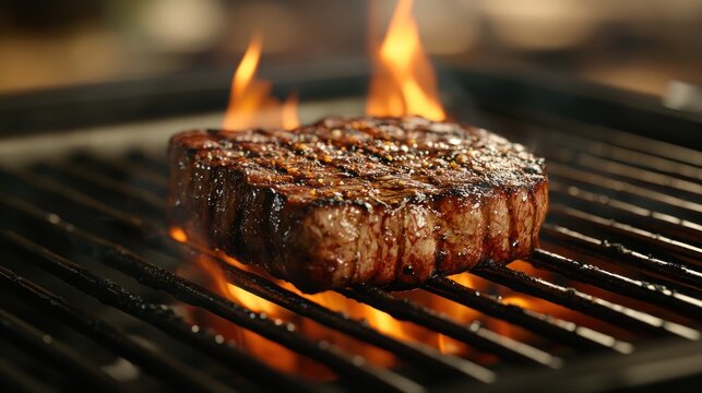 Grilled steak on barbecue with flames and char marks