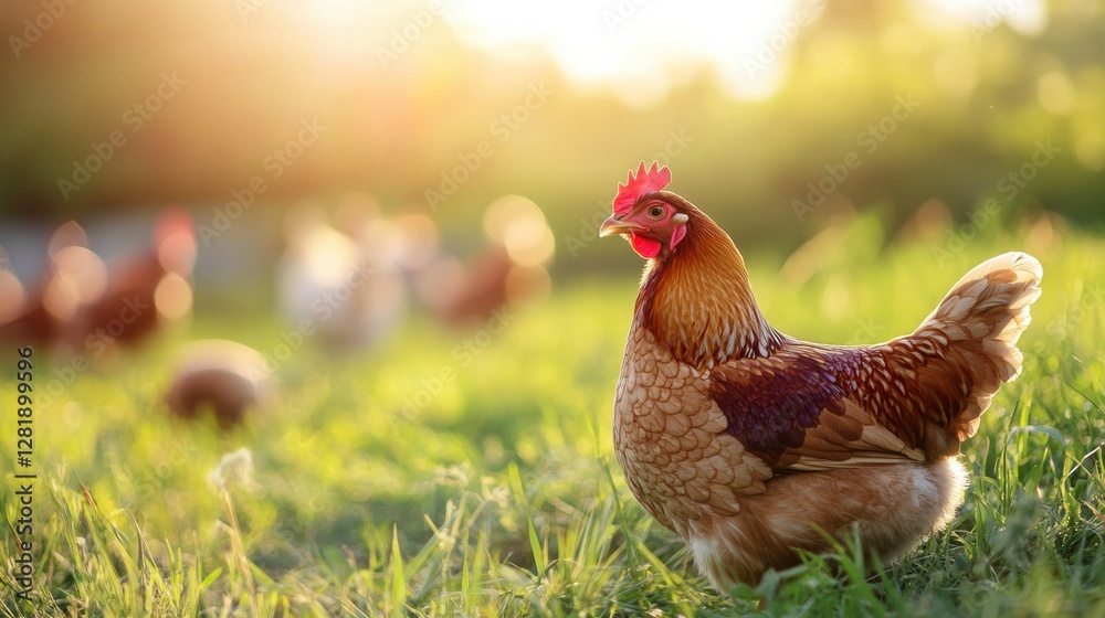 Poster sunset view of a rooster standing proudly in a lush green field with other hens nearby. generative a