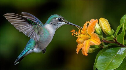 Obraz premium Hummingbird hovering near vibrant orange flower in lush garden setting during daytime