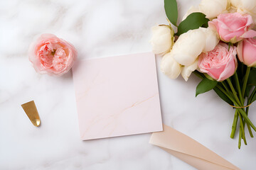 Elegant hen party invitation layout with floral arrangement and marble background in soft colors