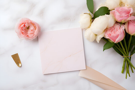Elegant hen party invitation layout with floral arrangement and marble background in soft colors