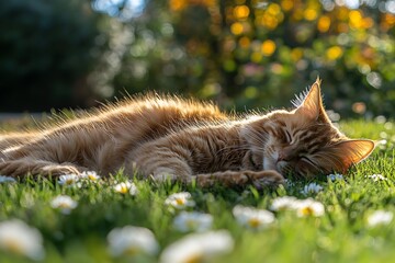 Ginger cat naps in sunny garden