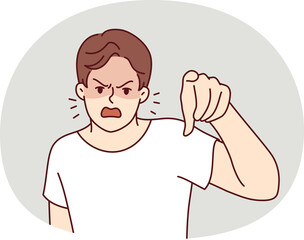 Angry man points finger at screen and screams furiously, blaming you for problems and urging to apologize. Angry guy is having nervous breakdown or trying to find someone to blame for own failures