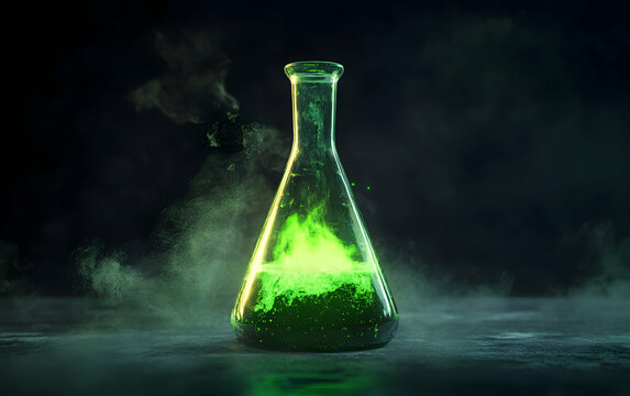 Eerie Science Experiment: A spooky Erlenmeyer flask with a neon green glow, floating eerily in a dark void