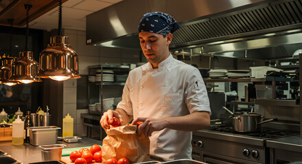 A chef in a professional kitchen, wearing a bandana and white uniform, is unpacking fresh tomatoes from a paper bag. The kitchen is well-equipped with stainless steel appliances and bright lighting.