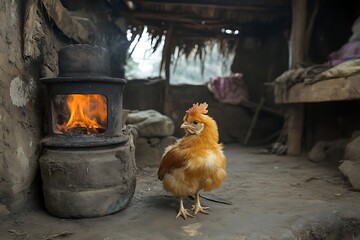 Chicken warming by stove, rural home