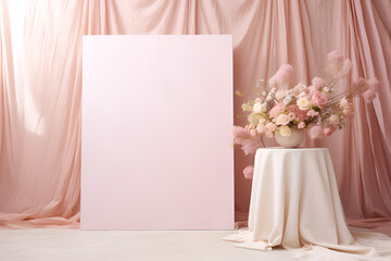 Bridal shower invitation mockup with floral arrangement on a soft pink background