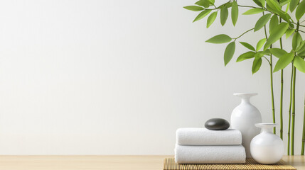 serene spa setting with white towels, stones, and bamboo leaves creating calming atmosphere