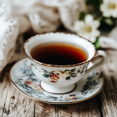 Fototapeta premium Delicate Tea Time: A refined teacup filled with dark tea sits elegantly on a floral-patterned saucer, set upon a rustic wooden table and adorned with blossoms. It evokes a sense of warmth, serenity.