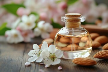  A beautifully designed round perfume bottle sits elegantly among fresh almond blossoms and whole almonds on a rustic wooden surface. 