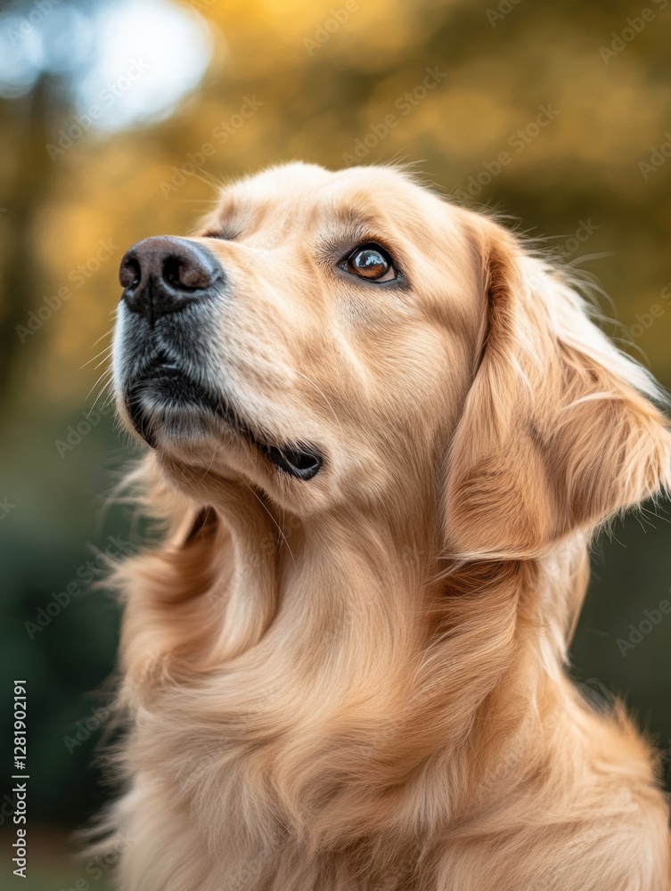 Poster golden retriever gazing thoughtfully in a serene park setting during a sunny afternoon. generative a