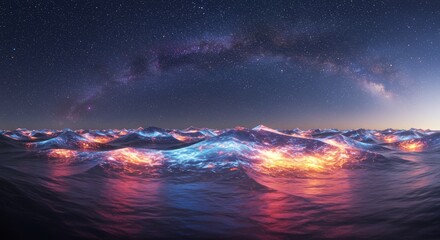 Fototapeta premium A glass desert where the dunes are made of transparent crystal, reflecting the starlit sky in an otherworldly glow