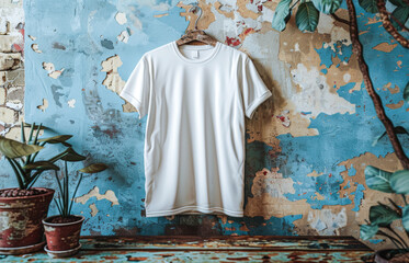 Simple white cotton t-shirt hangs gracefully from wooden hanger, set against rustic and weathered wall, inviting creative designs and artistic expressions. Copy space