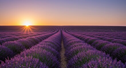 Obraz premium A vast lavender field at sunset, with rows of purple flowers stretching towards the horizon under a pastel sky