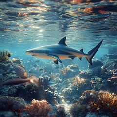 Fototapeta premium Lifelike digital illustration of a shark swimming in a vibrant coral reef.