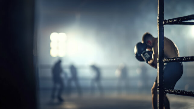 boxer resting in dimly lit gym, surrounded by blurred figures training