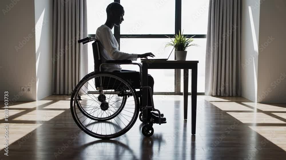 Poster office worker using laptop at desk, demonstrating workplace accessibility and inclusion for people w