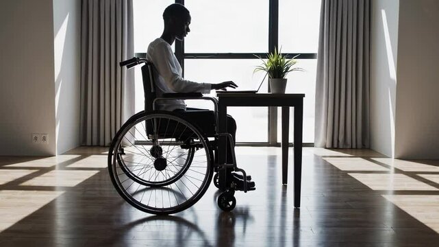 Office worker using laptop at desk, demonstrating workplace accessibility and inclusion for people with disabilities in a modern, bright office environment, captured in slow motion