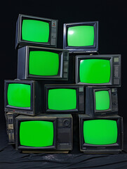 Stack of Vintage CRT Televisions with Green Screens in Dark Room (AI Generated)
