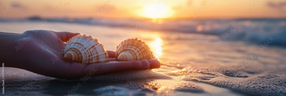 Poster shells are held gently in a hand by the shore during a stunning sunset over the ocean waves. generat