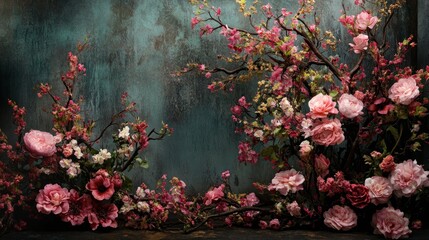 Elegant Floral Arrangement with Pink and Red Blooms on Teal Background