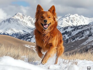 Happy dog running snow mountains