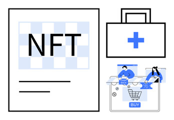 Digital NFT in foreground with additional healthcare and e-commerce icons, including a briefcase with a plus sign, cashback percentage, and shopping cart. Ideal for digital art, e-commerce