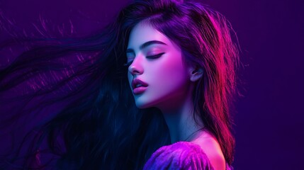 Naklejka premium A stunning portrait of a woman with flowing hair, illuminated by vibrant purple and pink lights, exuding elegance and beauty.