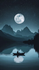 Night Lake Mountain Landscape Boat Moonlight Scenery Tranquil Dark Sky Water Reflection Outdoor Travel Nature Evening Scenic Rowboat Person Silhouette

