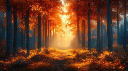 Sunlit path through autumn forest with vibrant red and orange leaves, misty atmosphere.