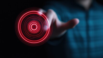 Person Reaching Out Towards Circular Light Pattern in Dark Space