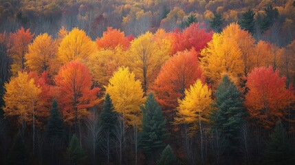 Vibrant autumn foliage, a panoramic view of colorful trees in a forest.