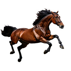 A brown horse with a black mane and tail is running.
